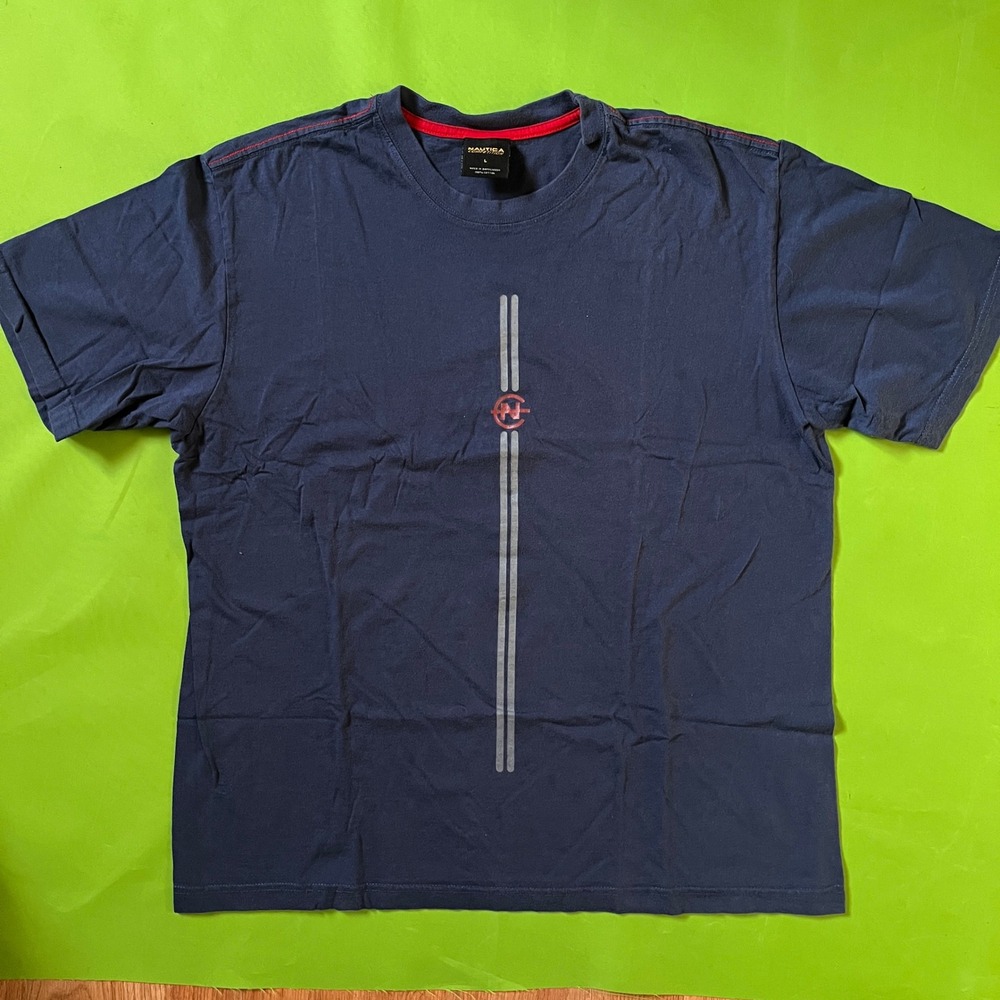 Nautica Competition Mens Navy Blue Graphic Racing Stripe T-Shirt Size L VTG